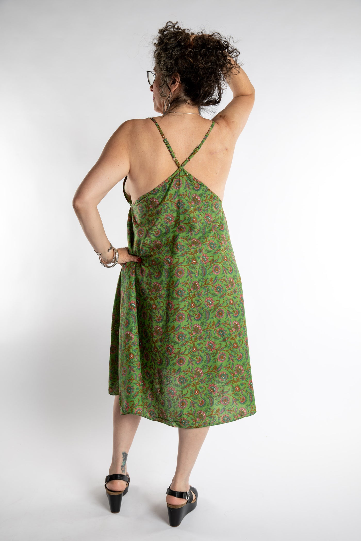 Susan is wearing the one size Puri Printed Cotton Dress in Green 