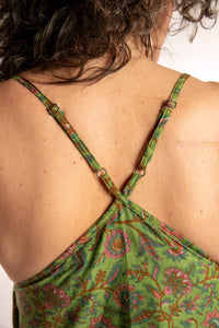 Susan is wearing the one size Puri Printed Cotton Dress in Green 