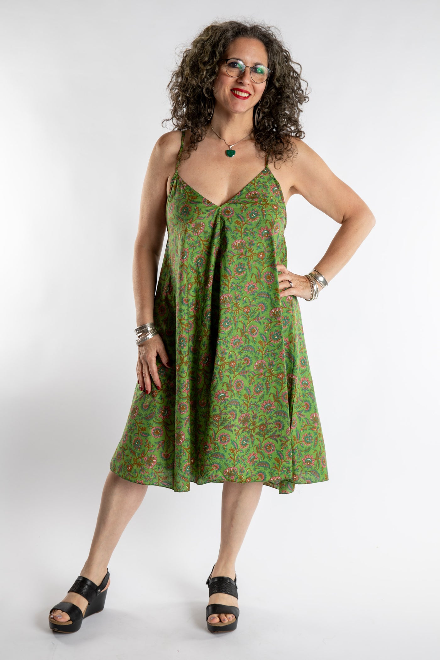 Susan is wearing the one size Puri Printed Cotton Dress in Green 