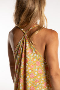 Sophie is wearing the one size Puri Printed Cotton Dress in Yellow