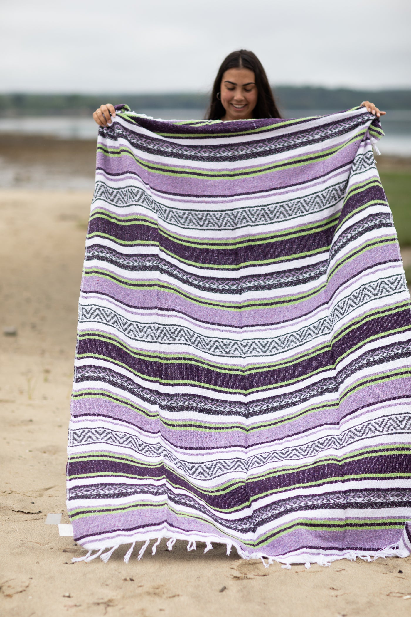 Mexican falsa blanket in purple and green