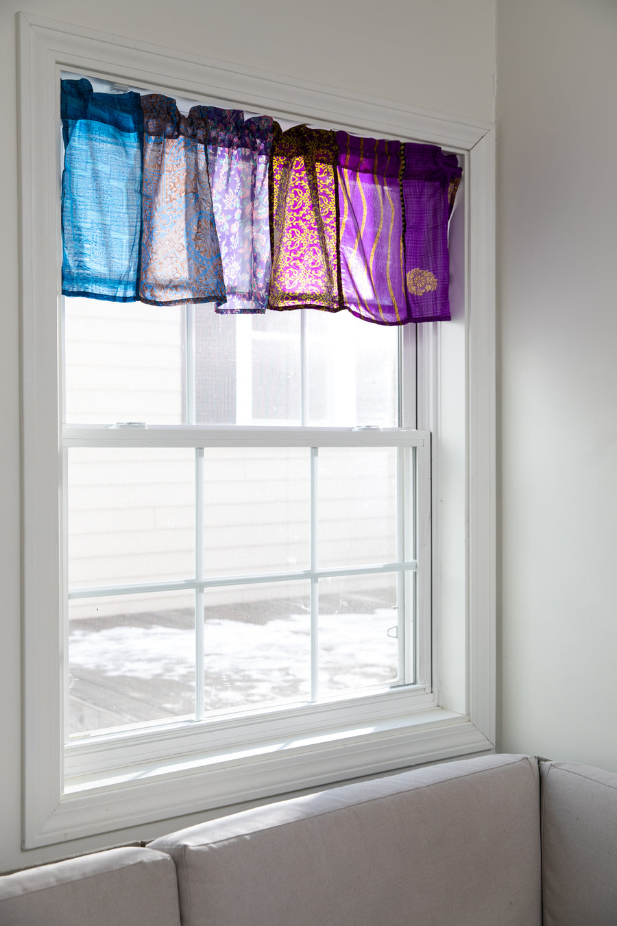 Recycled patchwork silk valance in dark star