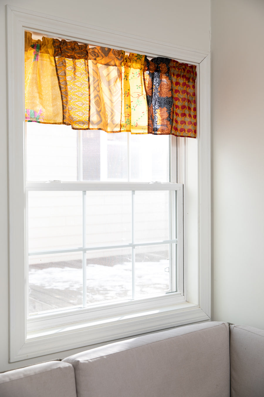 Recycled patchwork silk valance in fire on the mountain