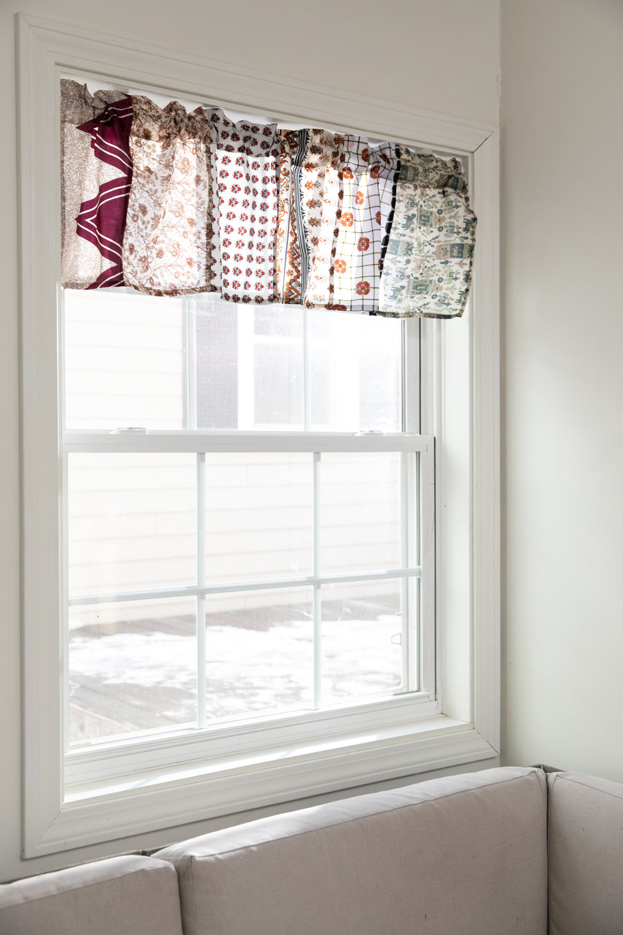 Recycled patchwork silk valance in shakedown street