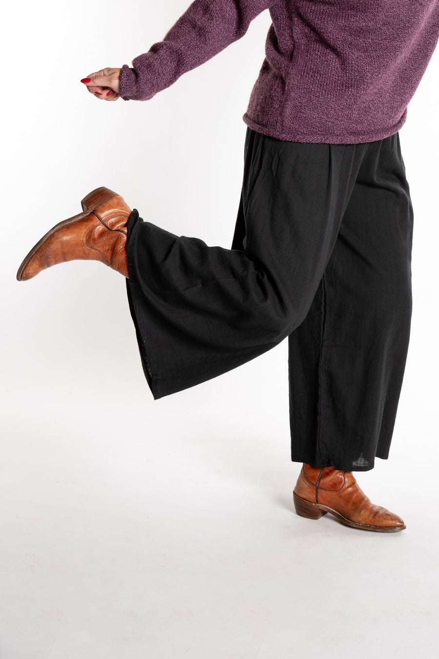 Susan is wearing the Saramati Cotton Palazzo Pants in Black