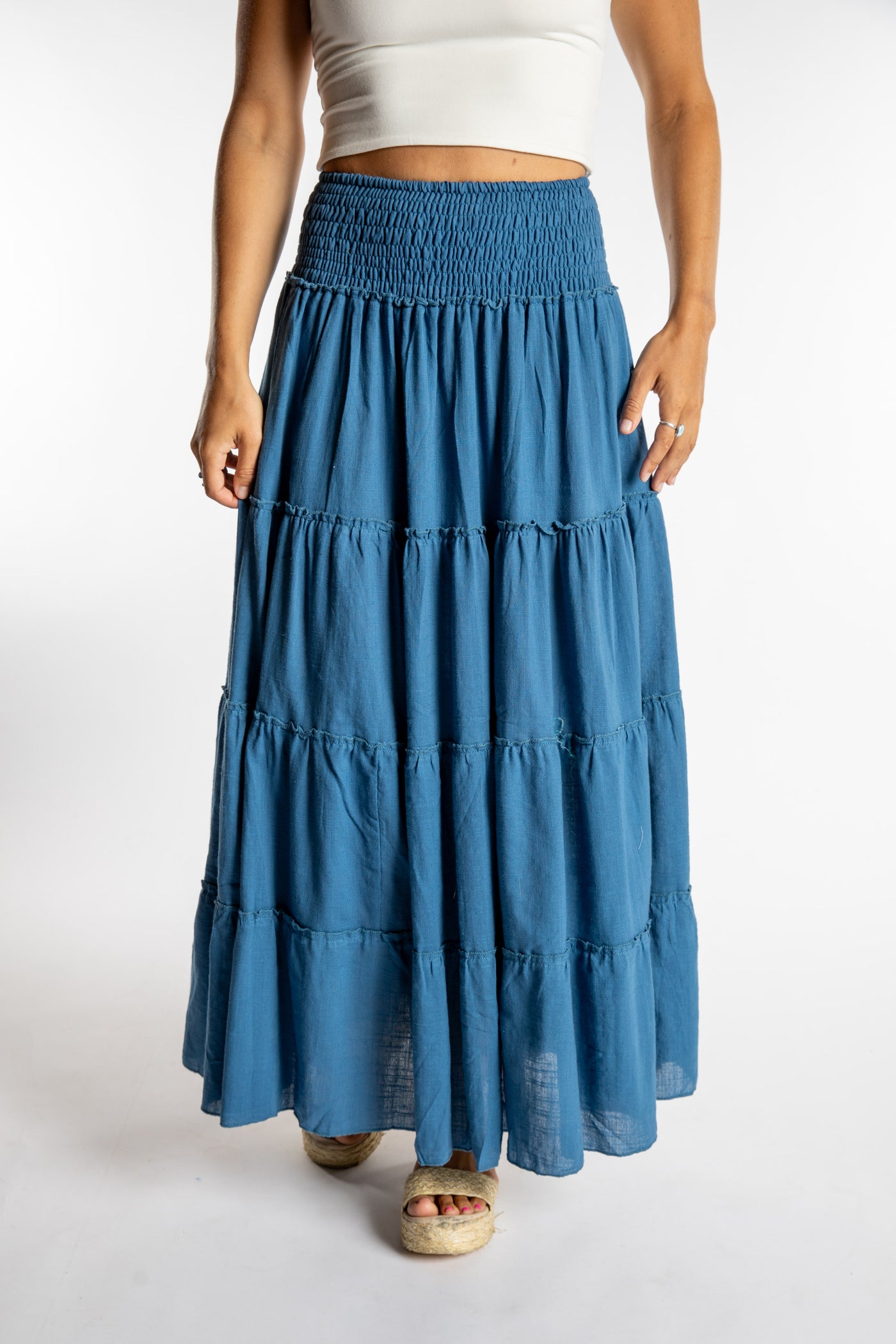 Sophie is wearing the one size Saramati Cotton Prairie Skirt in Blue