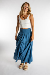Sophie is wearing the one size Saramati Cotton Prairie Skirt in Blue