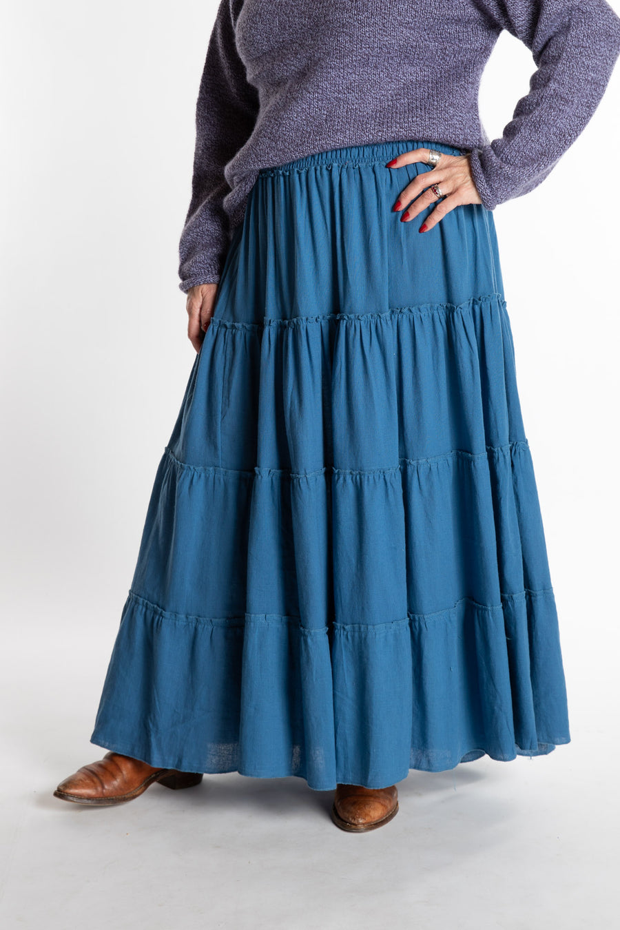 Susan is wearing the Saramati Cotton Prairie Skirt in Blue