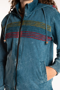 Emily is wearing the Blue Sathi Stripe ZIp Hoodie in Small