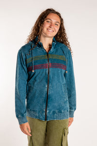 Emily is wearing the Blue Sathi Stripe ZIp Hoodie in Small