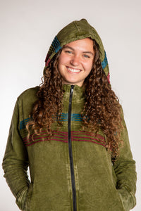Emily is wearing the Olive Sathi Stripe ZIp Hoodie in Small