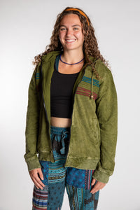 Emily is wearing the Olive Sathi Stripe ZIp Hoodie in Small