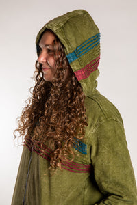 Emily is wearing the Olive Sathi Stripe ZIp Hoodie in Small