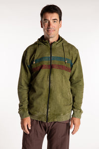 Topher is wearing the Olive Sathi Stripe Zip Hoodie in XL