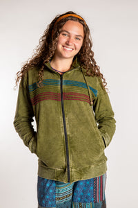Emily is wearing the Olive Sathi Stripe ZIp Hoodie in Small