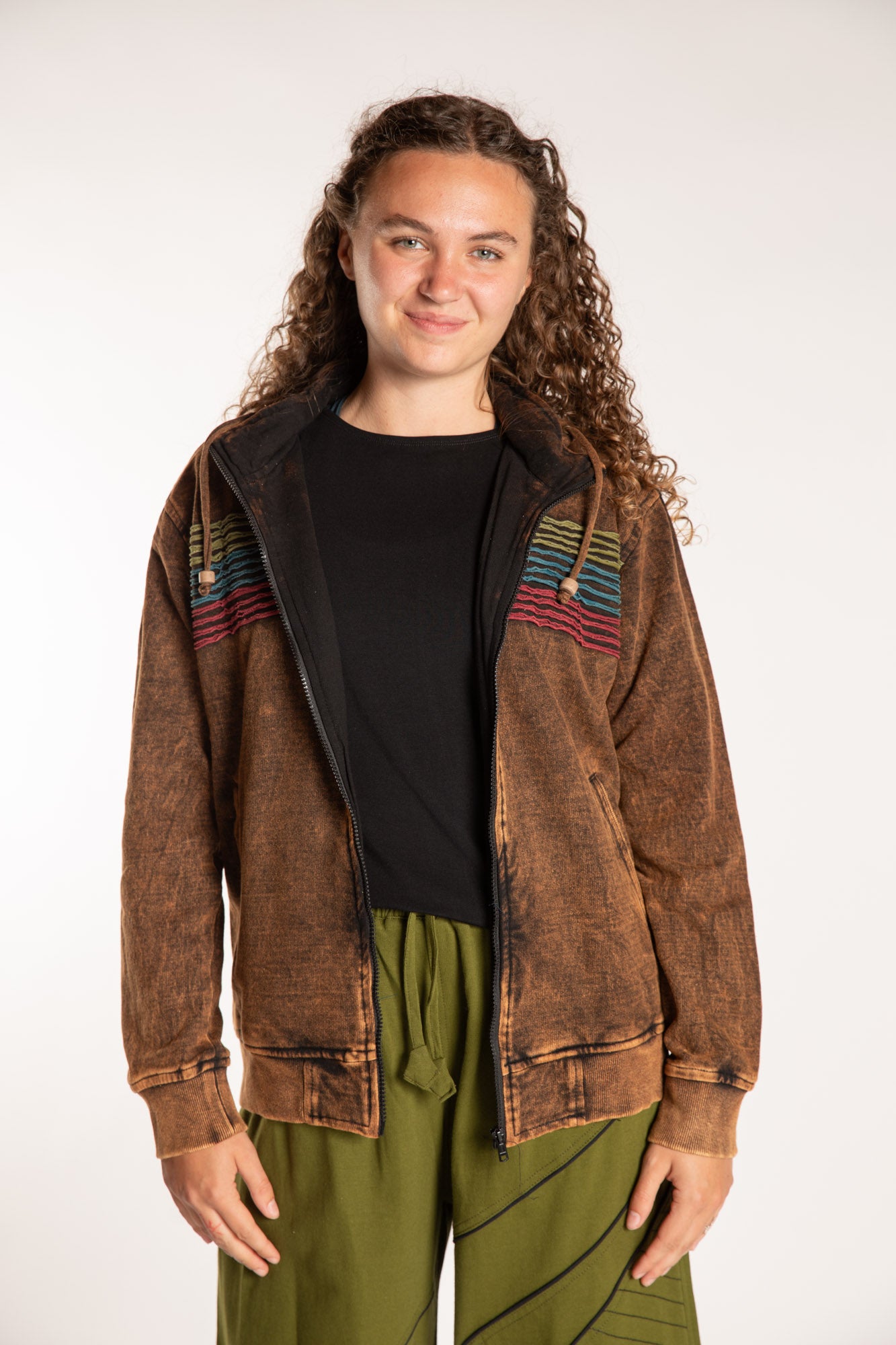 Emily is wearing the Sepia Sathi Stripe ZIp Hoodie in Small