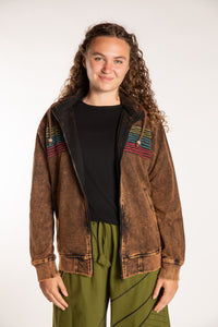 Emily is wearing the Sepia Sathi Stripe ZIp Hoodie in Small
