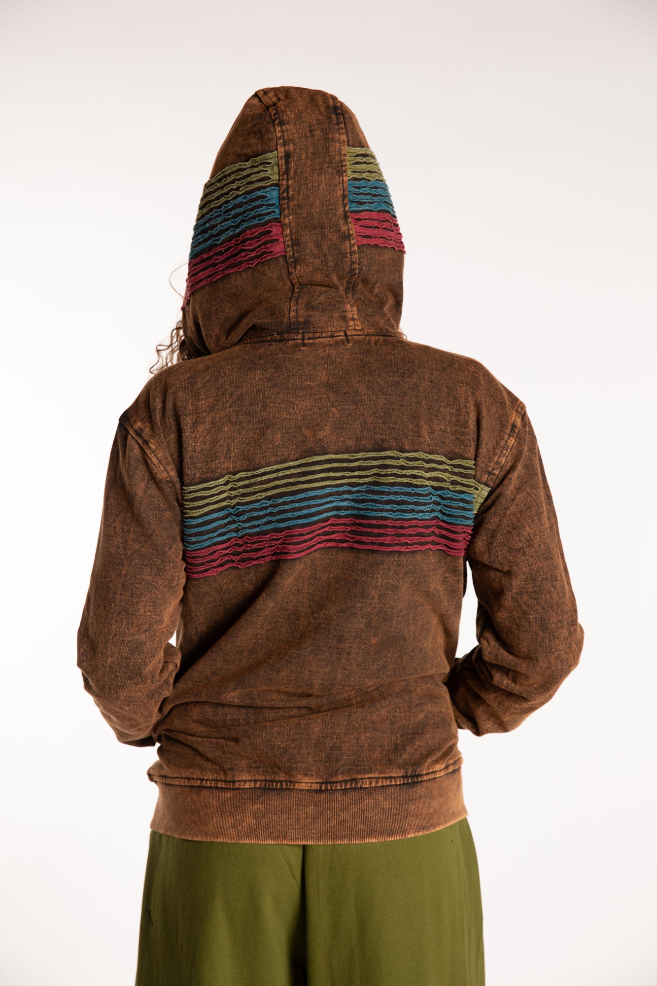 Emily is wearing the Sepia Sathi Stripe ZIp Hoodie in Small