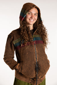 Emily is wearing the Sepia Sathi Stripe ZIp Hoodie in Small