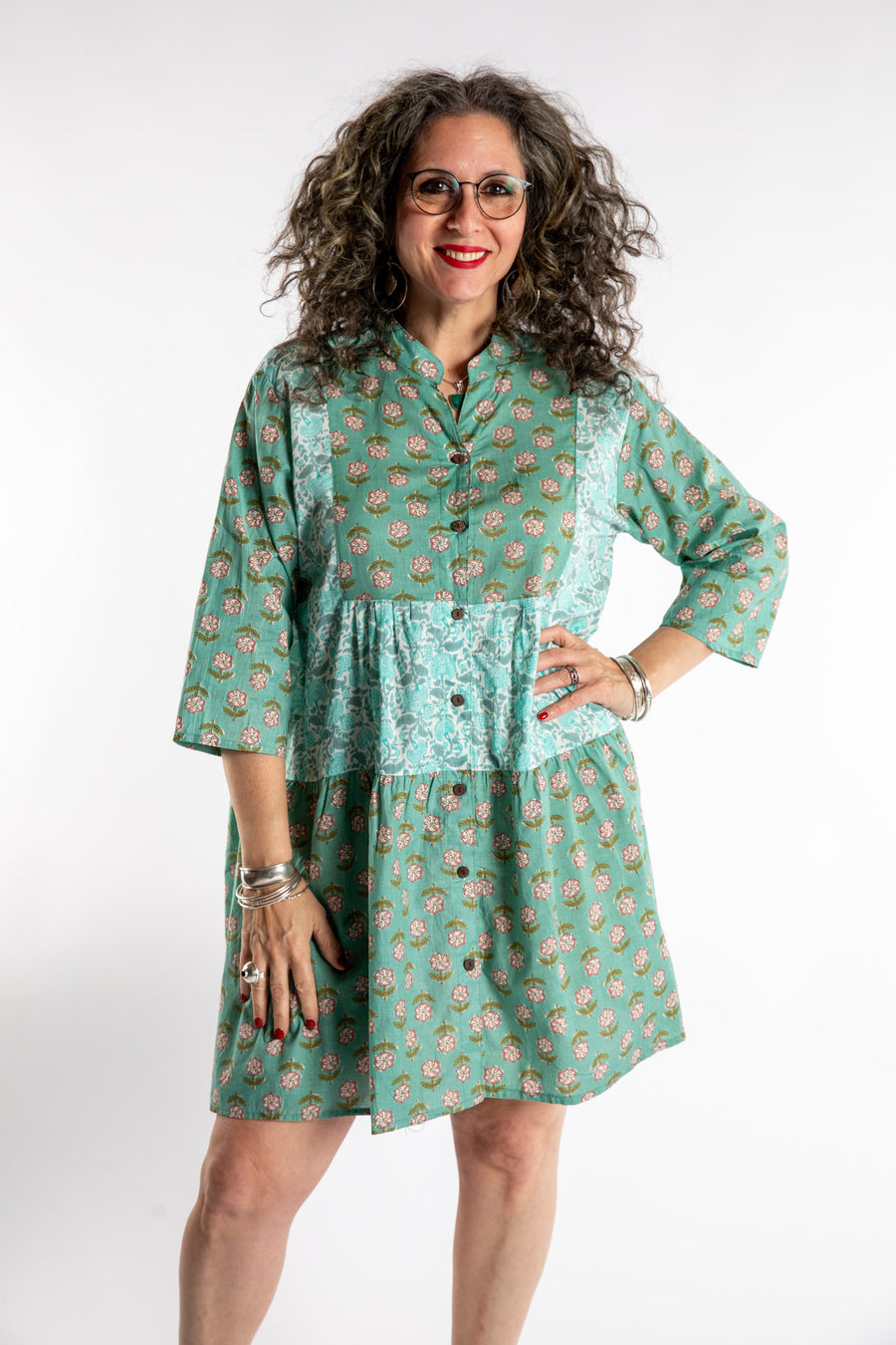 Susan is wearing the one size Shivani Tonal Cotton Tunic in Aquamarine