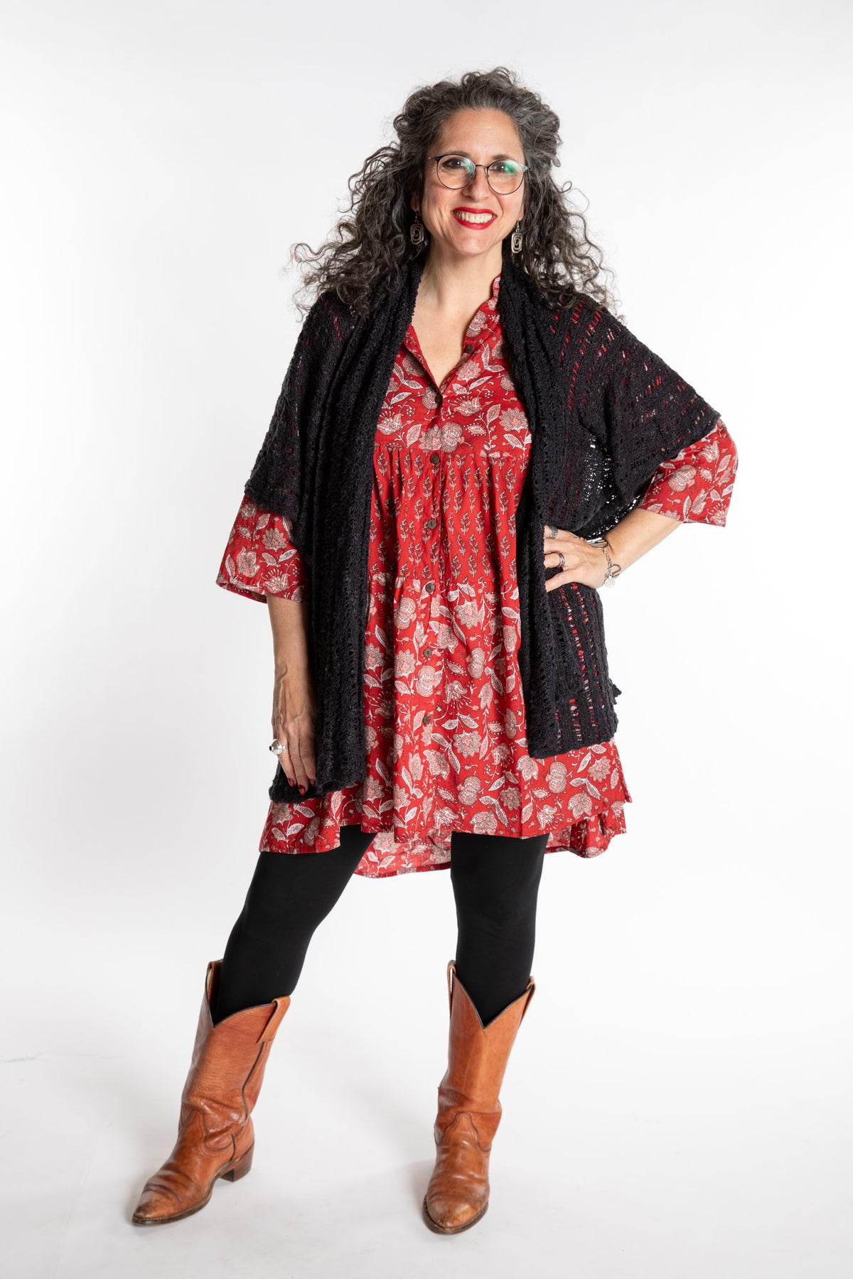 Susan is wearing the Shivani Tonal Cotton Tunic in Red