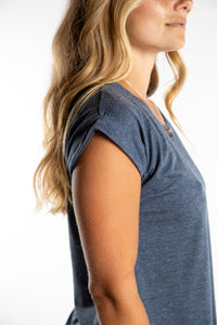 Sophie is wearing size S/M Casual Basic Tee in Dark Blue