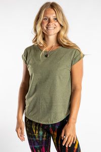 Sophie is wearing size S/M Casual Basic Tee in Green Sage