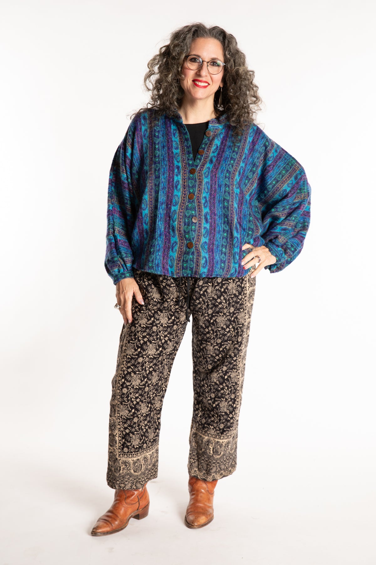 Susan is wearing the One Size Soft Brushed Stripe Top in Blue
