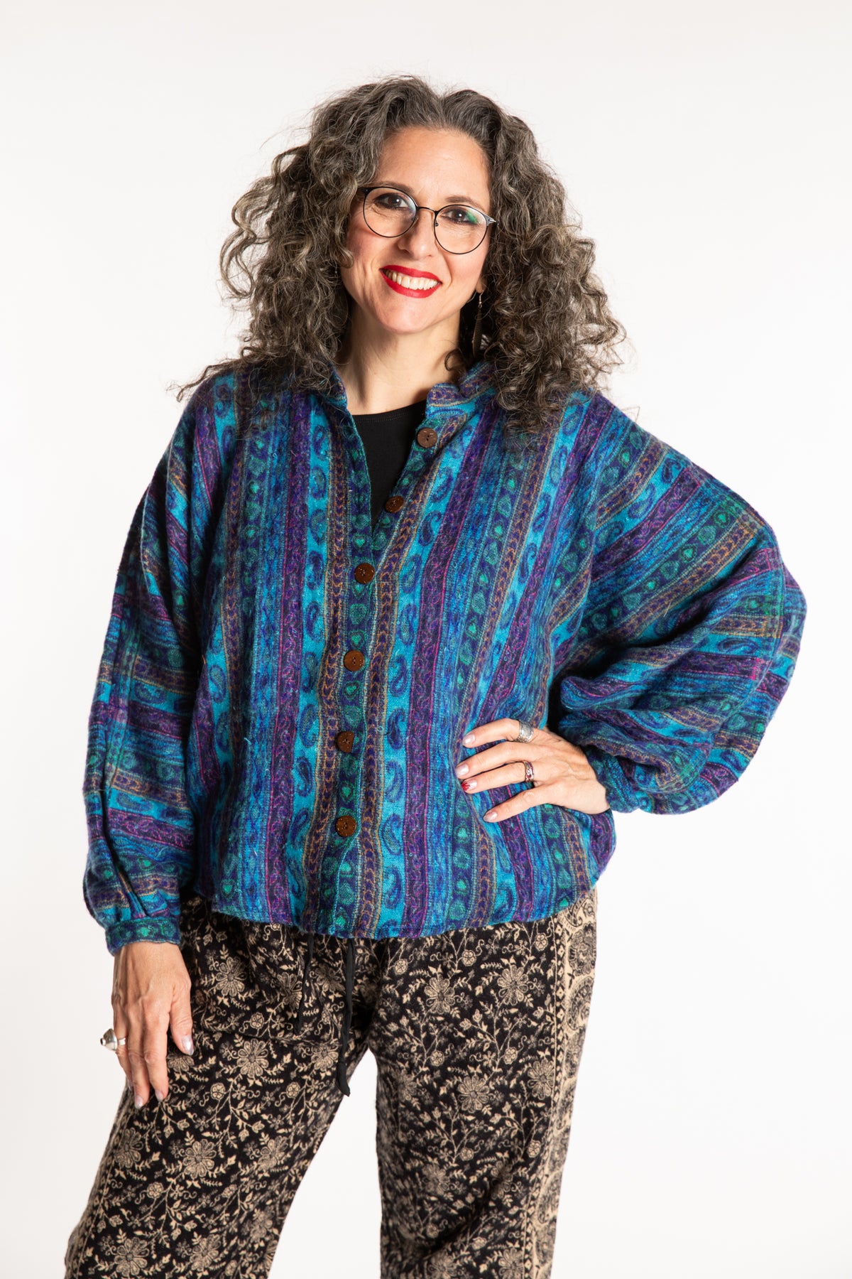 Susan is wearing the One Size Soft Brushed Stripe Top in Blue