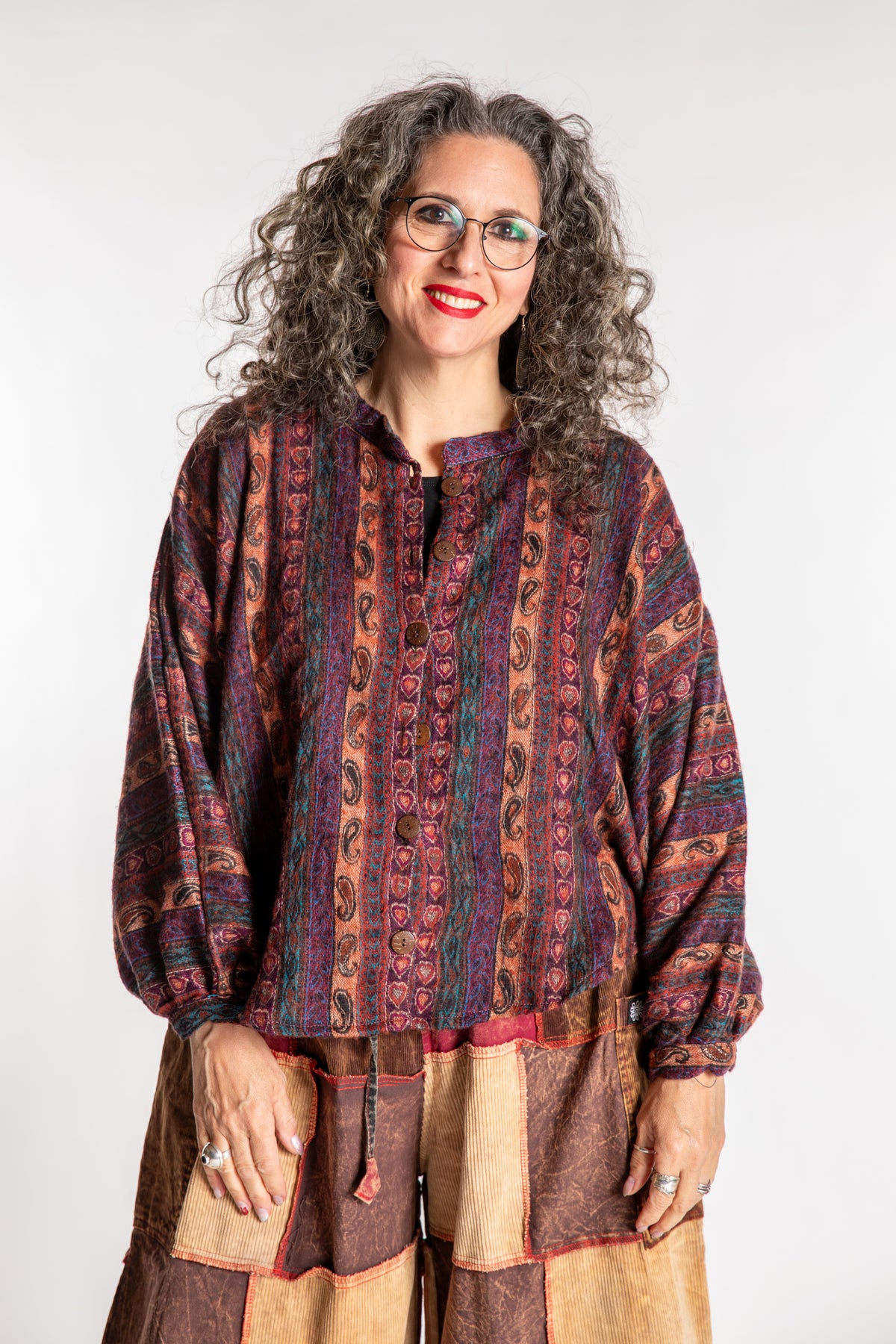 Susan is wearing the One Size Soft Brushed Stripe Top in Brown