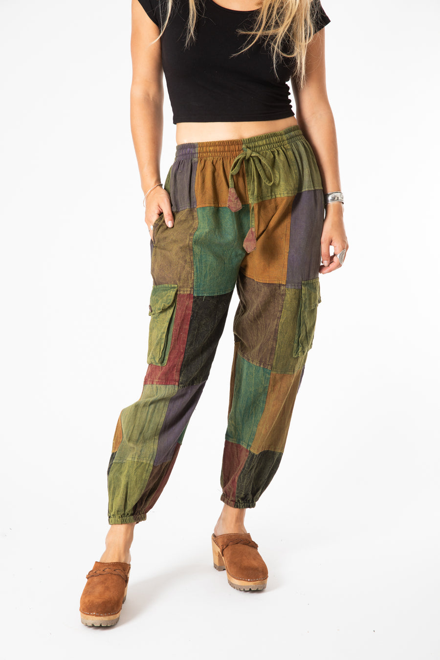Stone Wash Patchwork Cargo Joggers