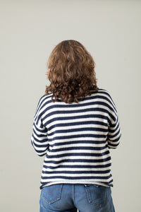 Jane is wearing size M striped lobster alpaca sweater 