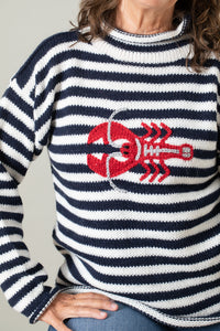 Jane is wearing size M striped lobster alpaca sweater 