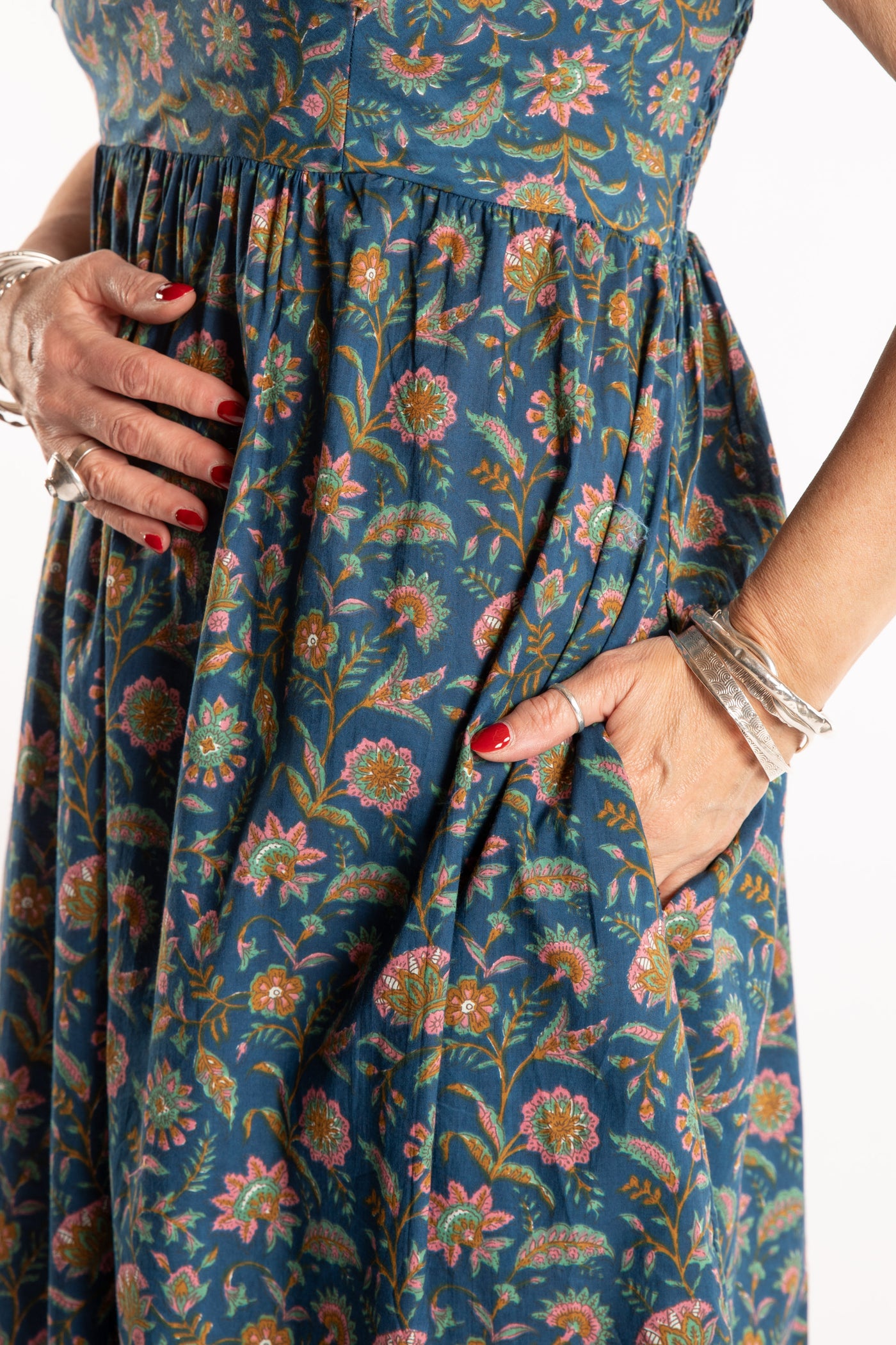 Susan is wearing the Sundara Cotton Maxi Dress in Mediterranean in M/L