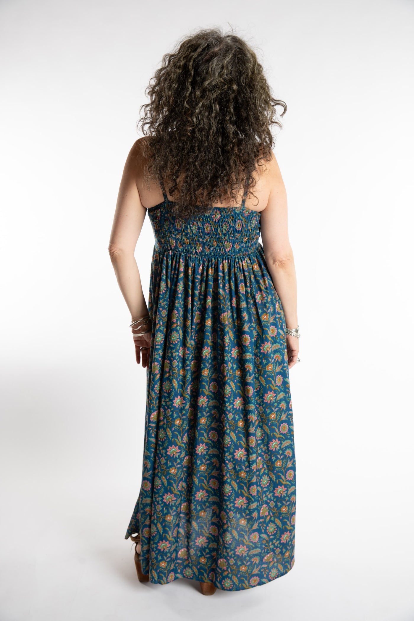 Susan is wearing the Sundara Cotton Maxi Dress in Mediterranean in M/L