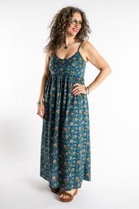 Susan is wearing the Sundara Cotton Maxi Dress in Mediterranean in M/L