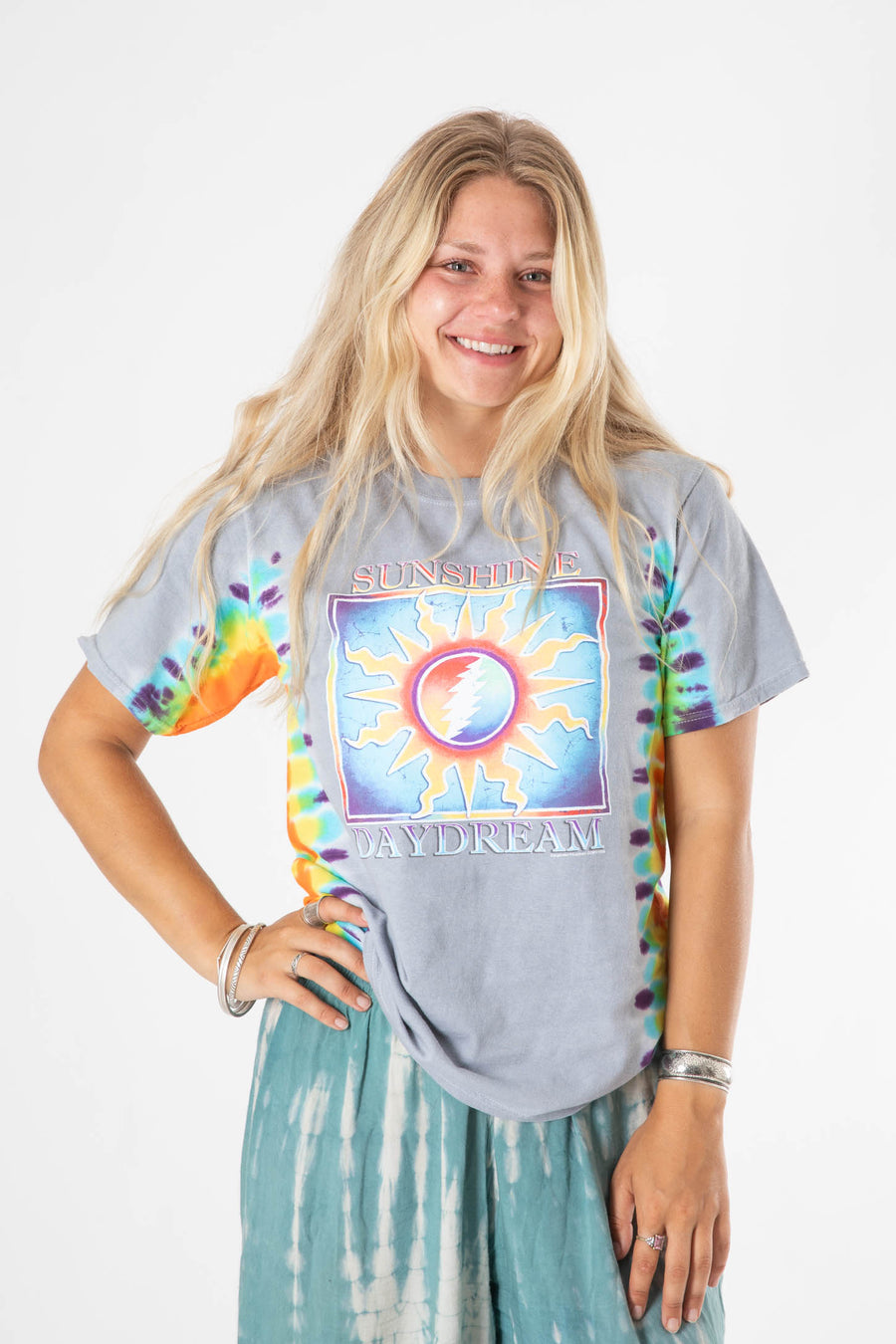Sophie is wearing size S Grateful Dead tie dye t shirt