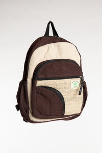 Brown hemp backpack with cream contrast panels and multiple zippered pockets