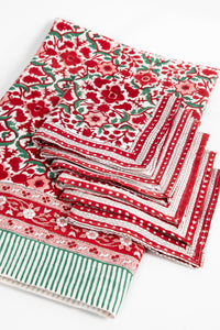 Block Print Napkin and Tablecloth Set in Festive Floral