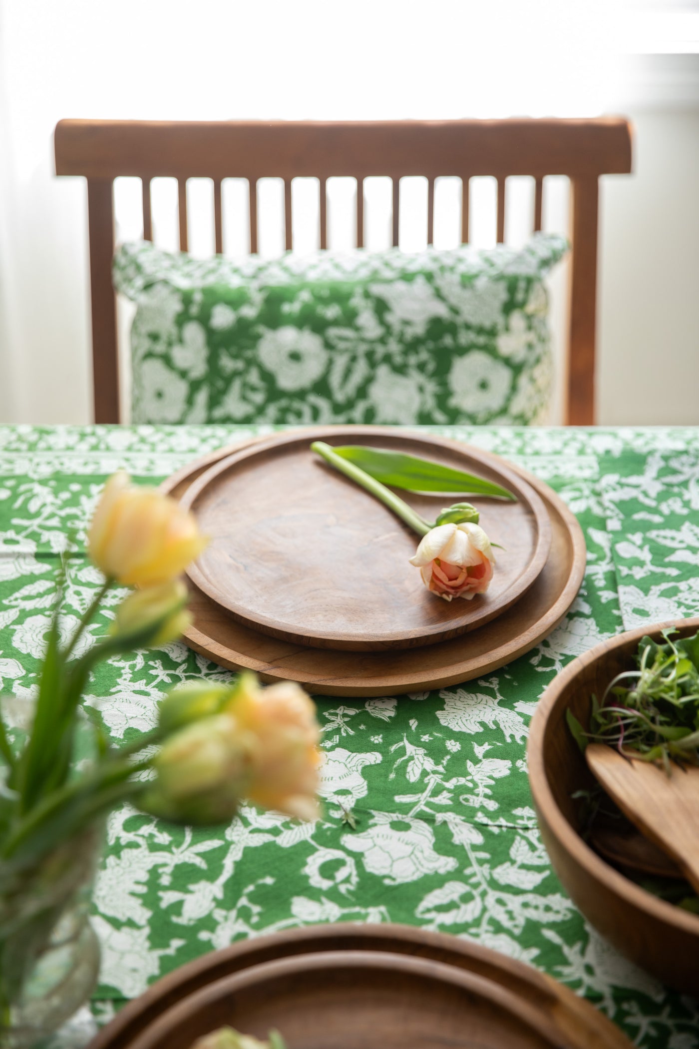 Block print throw pillow and tablecloth in forest peonies