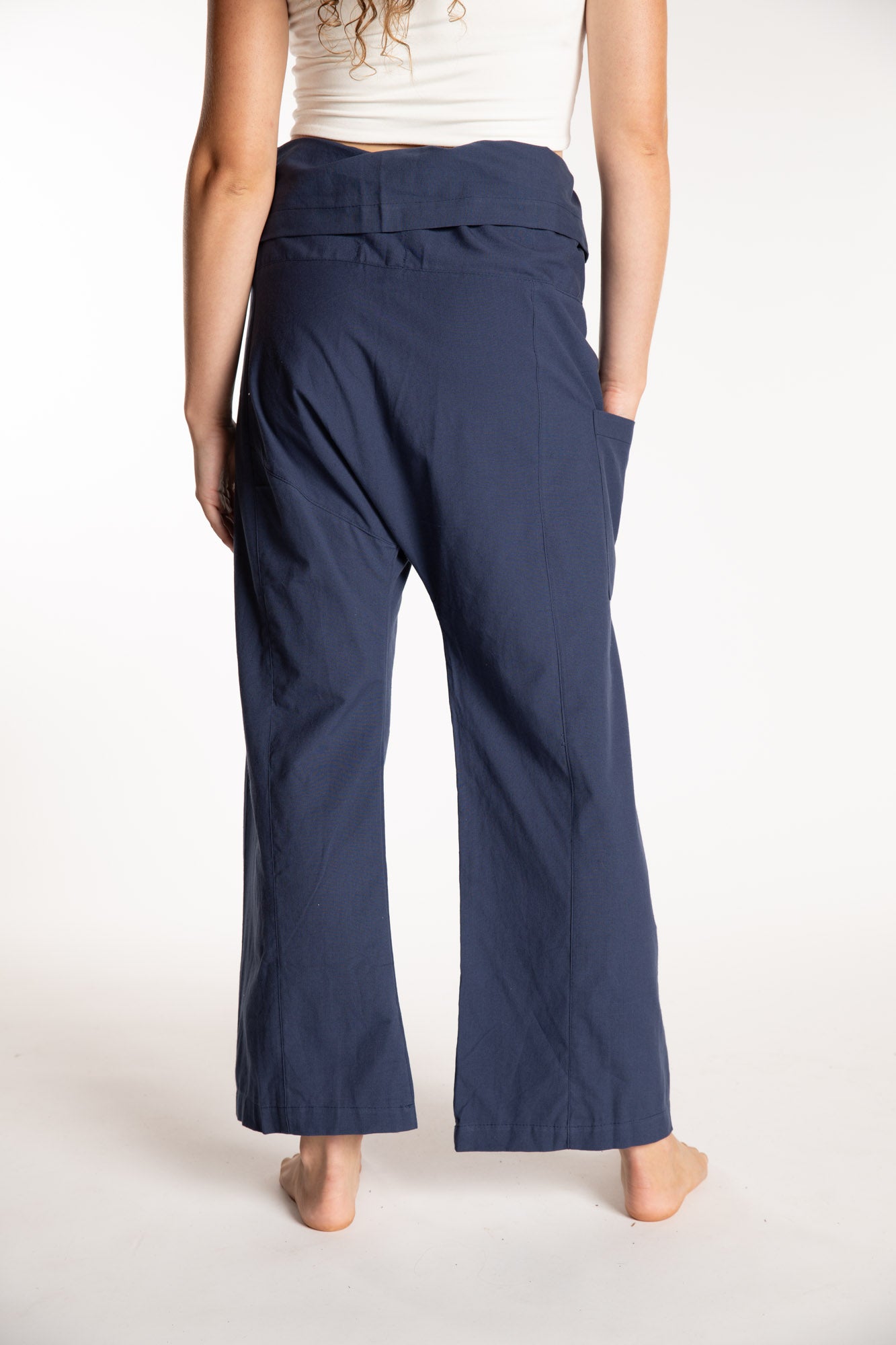 Emily is wearing the Dark Blue Thai Fisherman Pocket Pants 