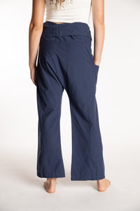 Emily is wearing the Dark Blue Thai Fisherman Pocket Pants 