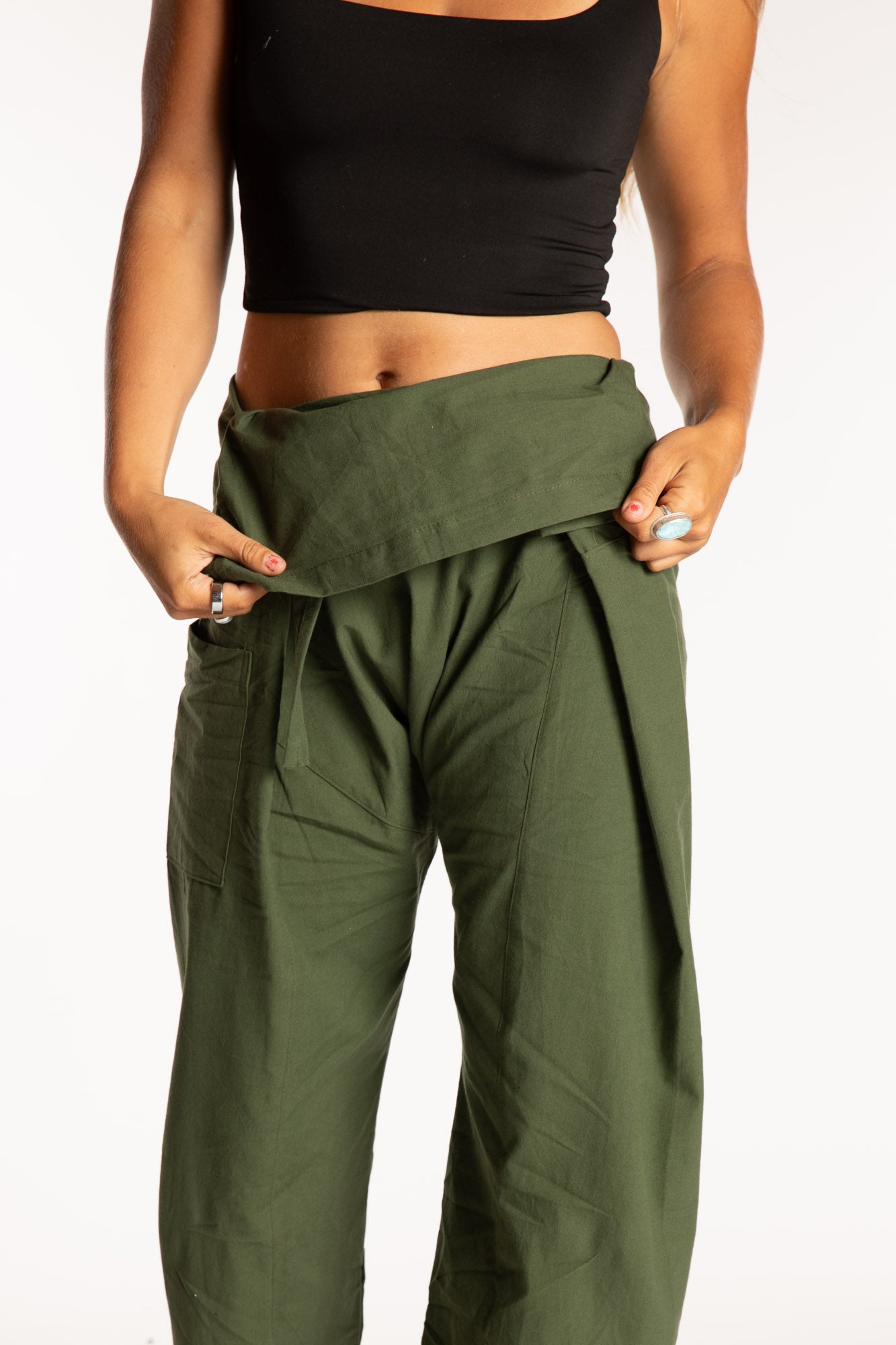 Sophie is wearing the Olive Thai Fisherman Pocket Pants 