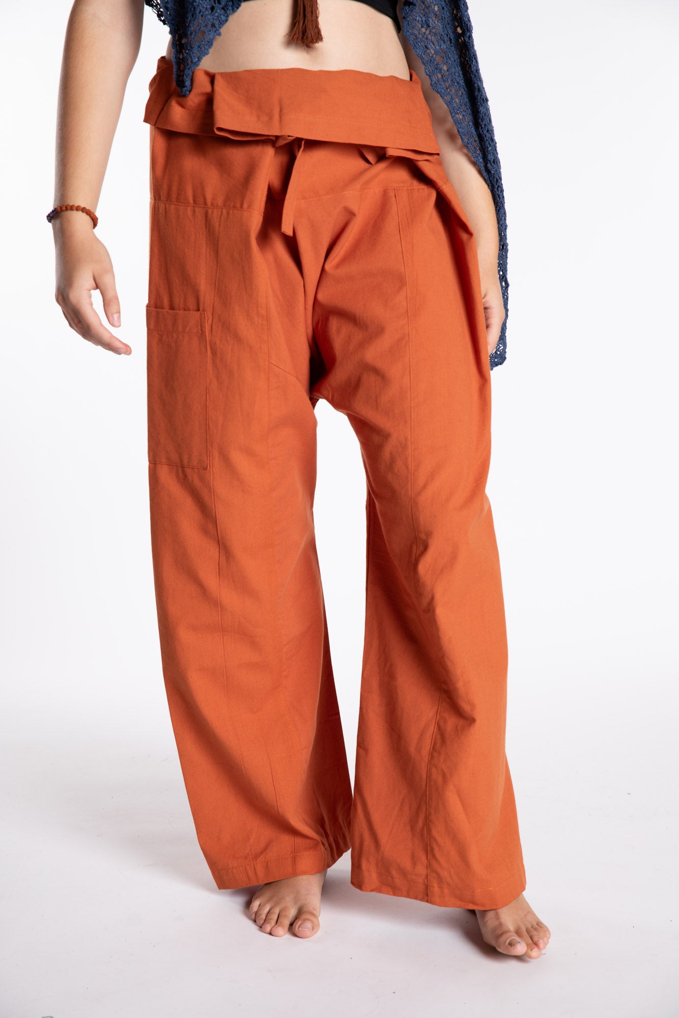 Emily is wearing the Rust Thai Fisherman Pocket Pants 