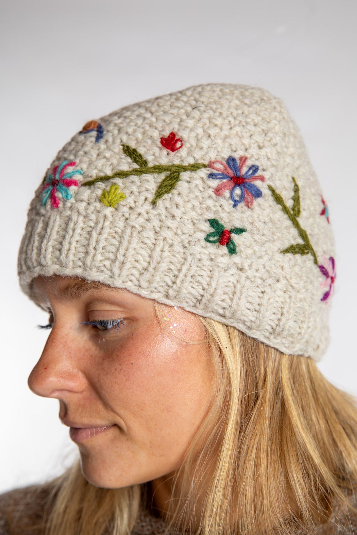 Wildflower Embroidered Wool Beanie