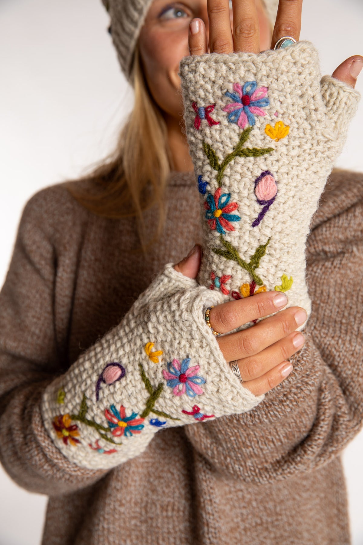Wildflower Embroidered Wool Fingerless Mittens