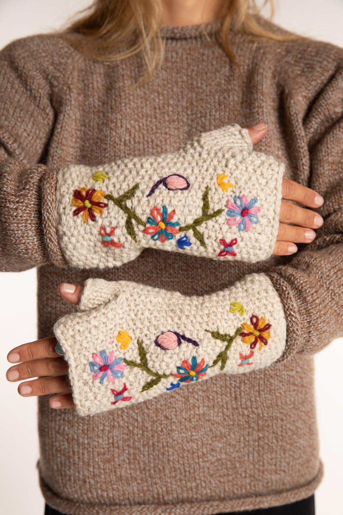Wildflower Embroidered Wool Fingerless Mittens