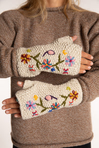Wildflower Embroidered Wool Fingerless Mittens