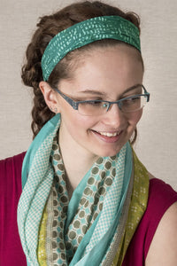 Shelly wearing a Green batik one of a kind headband