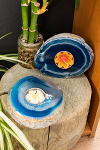 Polished agate tea light holders in blue